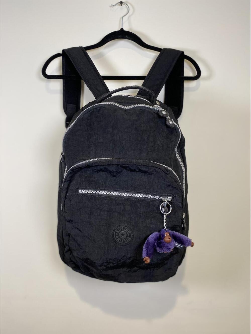 Kipling Black Nylon Backpack with Purple Monkey Keychain